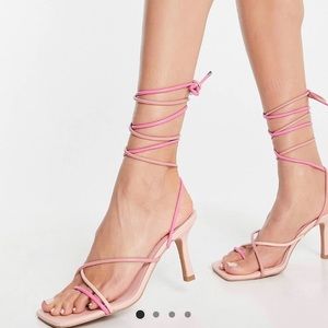 ASOS DESIGN Hailey strappy tie leg mid heeled sandals pink pink. Womens size US7